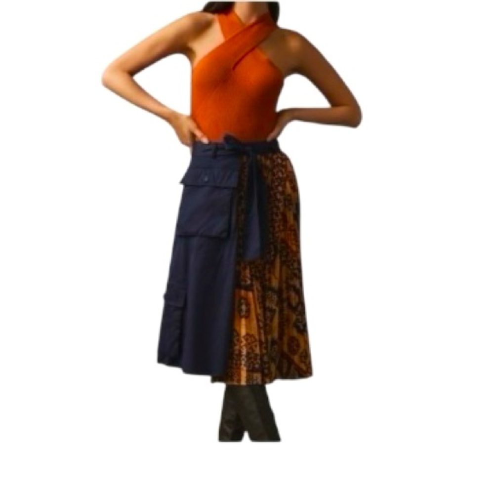 Anthropologie Eva France Mixed Media Belted Cargo A-line Skirt with Aztec Print
